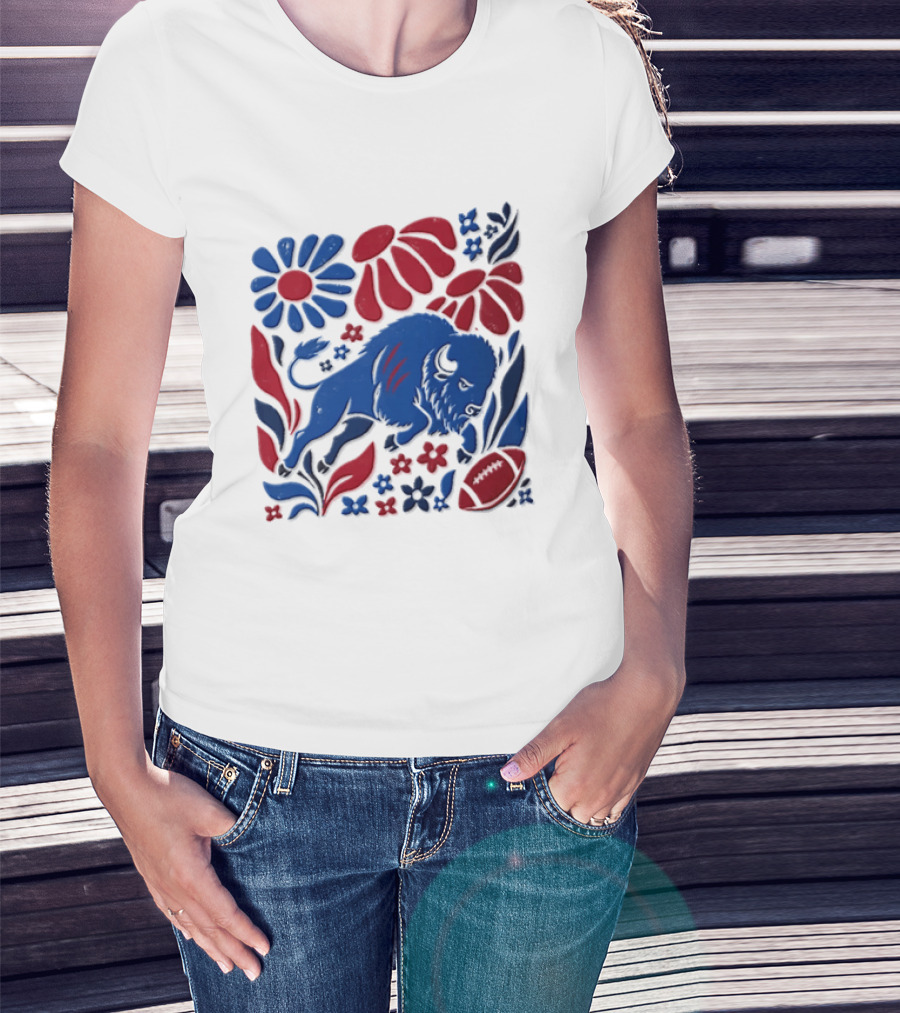 Buffalo Bills Charging Buffalo Red Blue Flowers Football T-Shirt