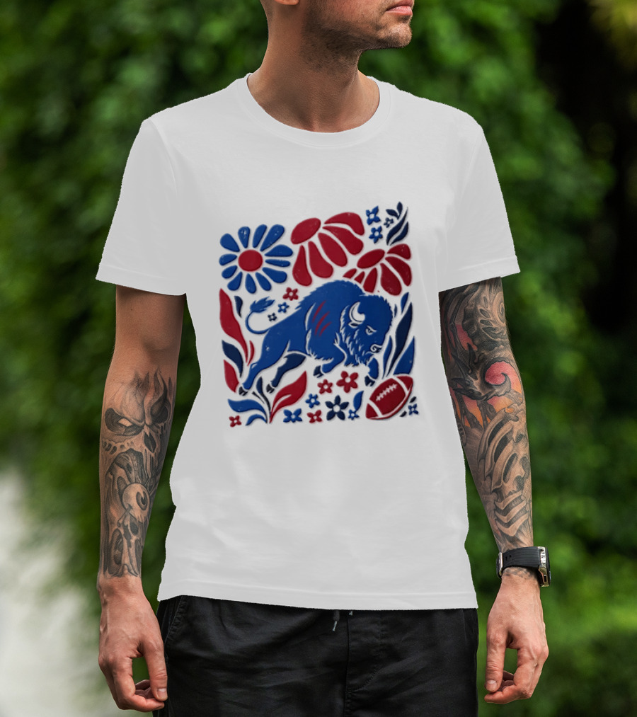 Buffalo Bills Charging Buffalo Red Blue Flowers Football T-Shirt
