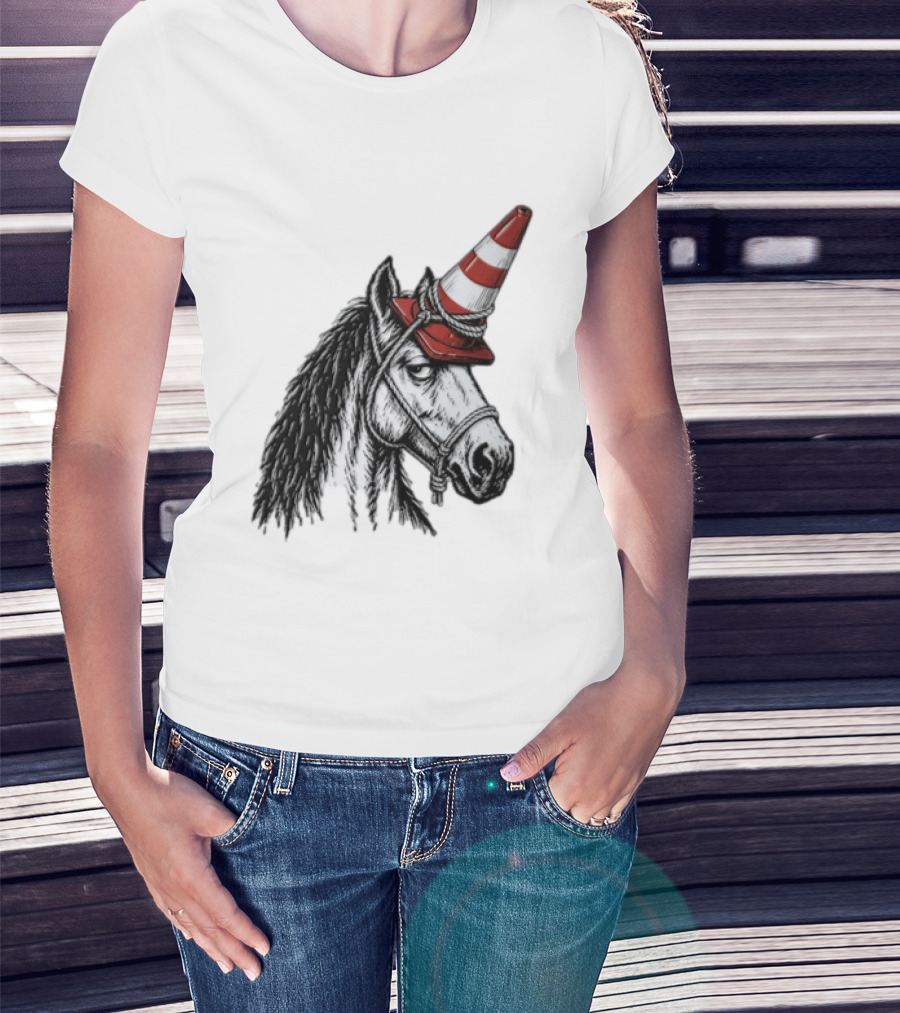 Horse Wearing Red Traffic Cone Hat Rope Accessory T-Shirt