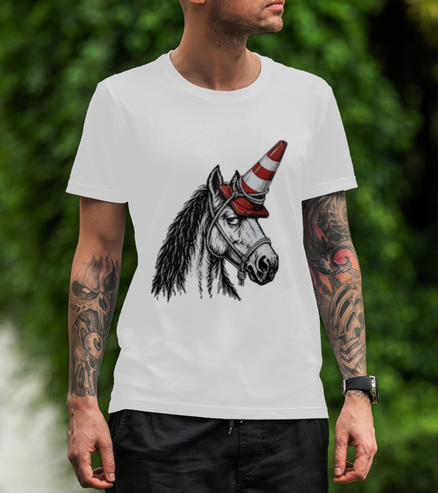 Horse Wearing Red Traffic Cone Hat Rope Accessory T-Shirt
