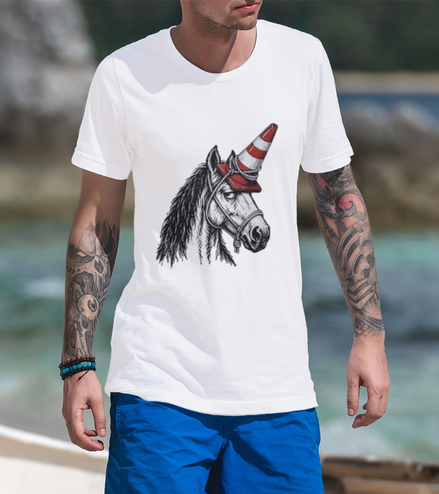 Horse Wearing Red Traffic Cone Hat Rope Accessory T-Shirt