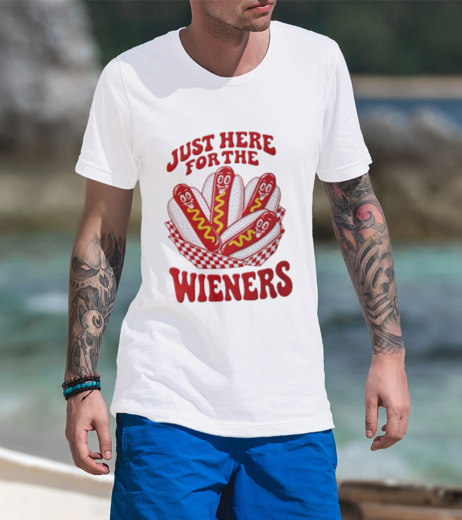 Just Here For The Wieners Four Cartoon Hot Dogs Mustard T-Shirt