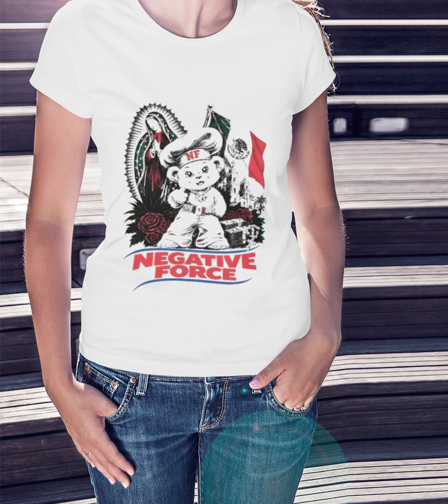 Negative Force Bear With Mexican Flag Virgin Mary Roses T-Shirt