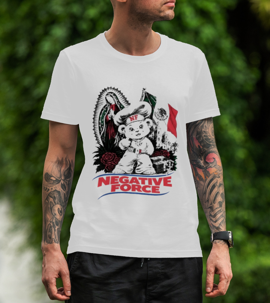 Negative Force Bear With Mexican Flag Virgin Mary Roses T-Shirt