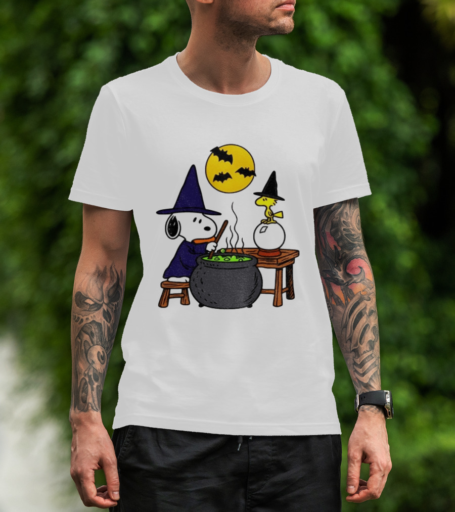 Snoopy Witch Cauldron Woodstock Crystal Ball Halloween Moon Bats T-Shirt