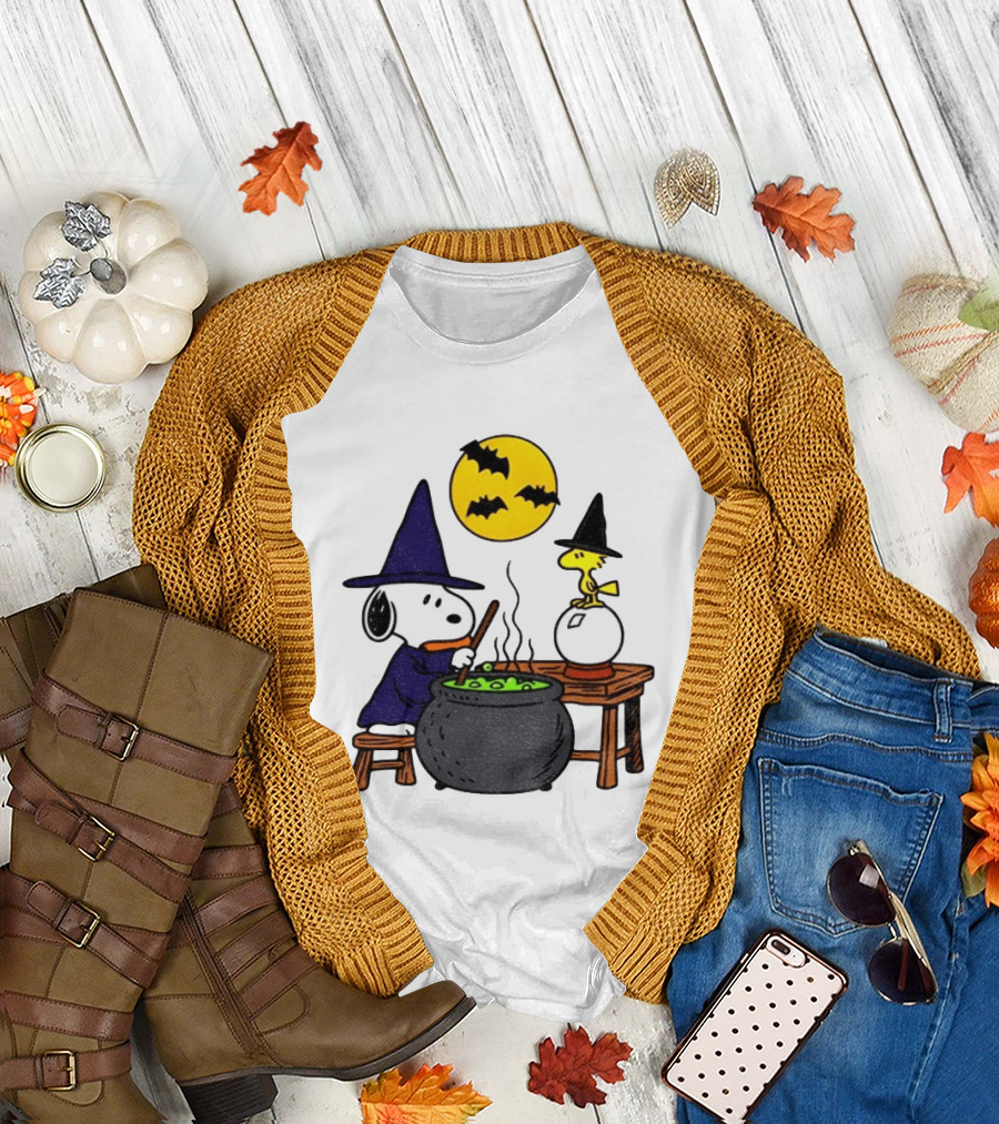 Snoopy Witch Cauldron Woodstock Crystal Ball Halloween Moon Bats T-Shirt