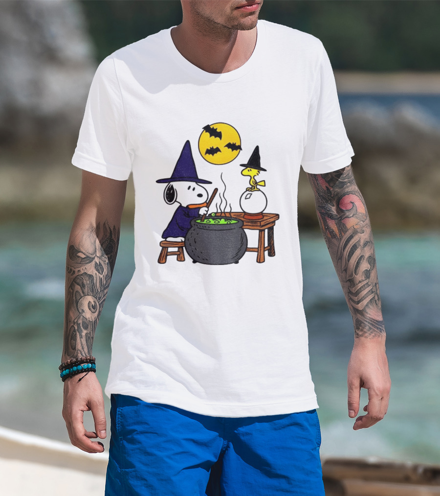 Snoopy Witch Cauldron Woodstock Crystal Ball Halloween Moon Bats T-Shirt