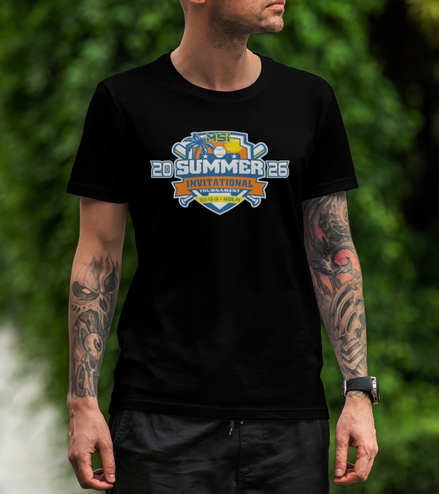 MSI Summer Invitational Tournament 2026 July 10 12 Aston PA Baseball Bat Beach Palm Tree Sunburst T-Shirt