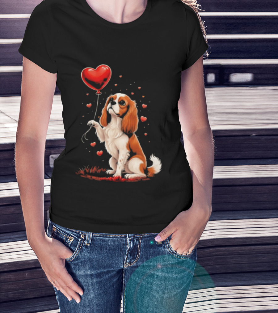 Cavalier King Charles Spaniel With Heart Balloon Surrounded By Floating Hearts T-Shirt