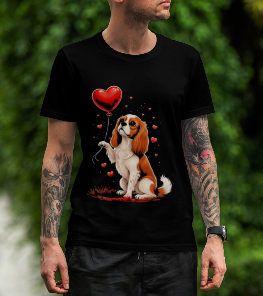Cavalier King Charles Spaniel With Heart Balloon Surrounded By Floating Hearts T-Shirt