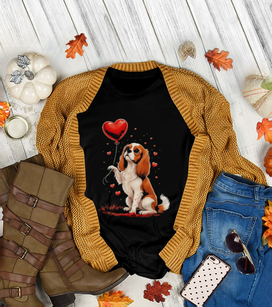 Cavalier King Charles Spaniel With Heart Balloon Surrounded By Floating Hearts T-Shirt