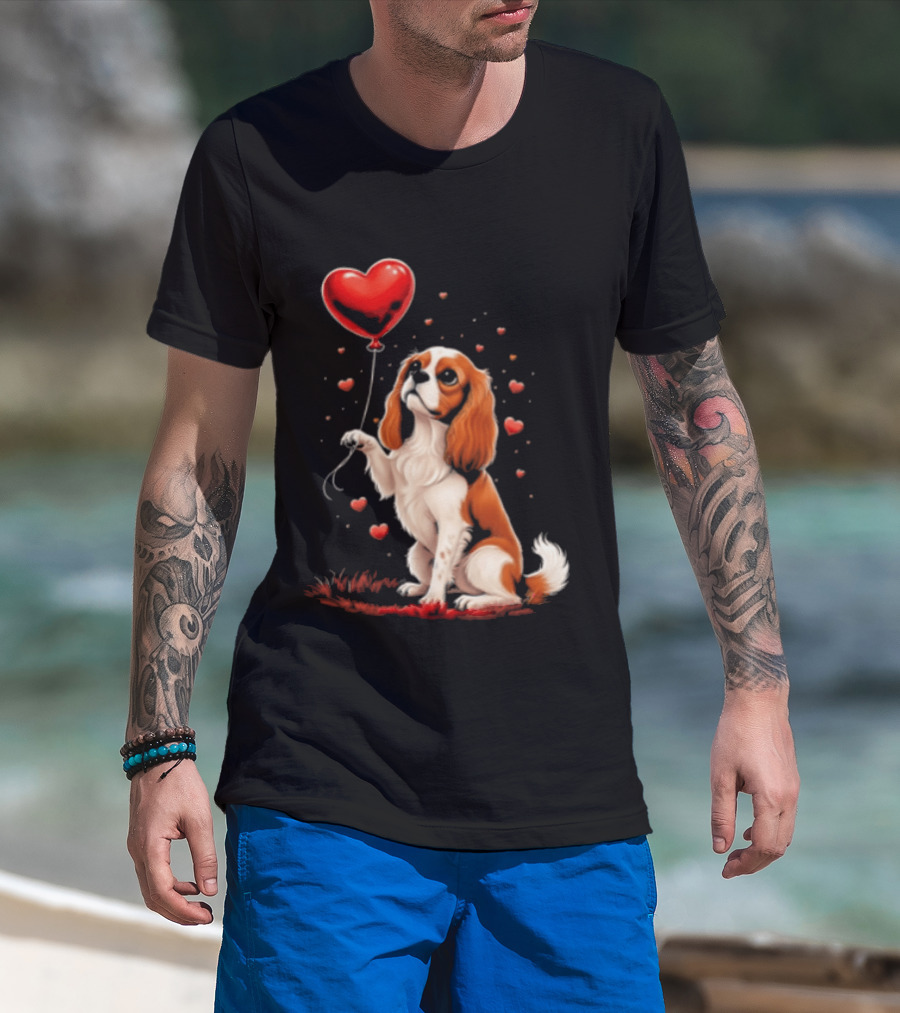 Cavalier King Charles Spaniel With Heart Balloon Surrounded By Floating Hearts T-Shirt