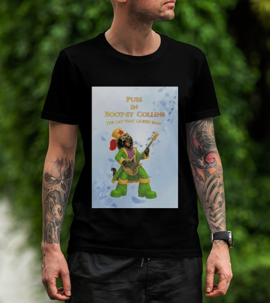 Puss In Bootsy Collins The Cat That Licked Base Green Costume Star Hat Guitar Player T-Shirt