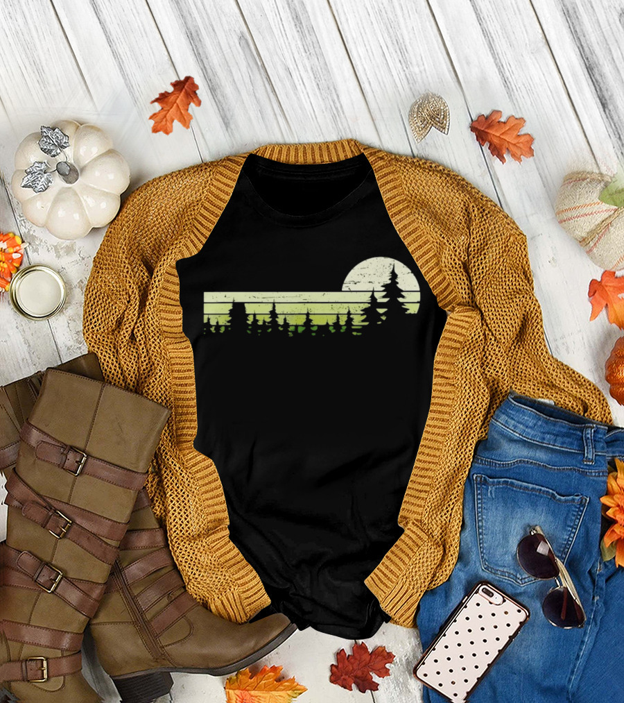 Forest Sunset Silhouette Nature Trees With Circle Sun T-Shirt