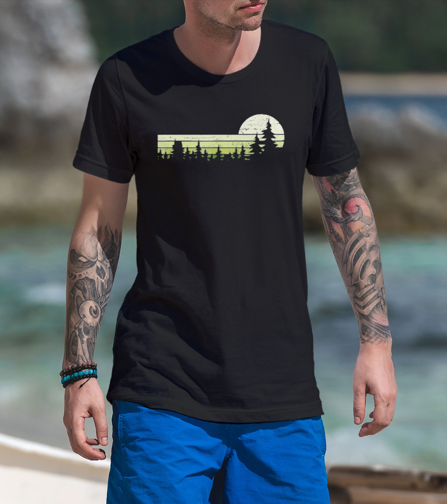 Forest Sunset Silhouette Nature Trees With Circle Sun T-Shirt