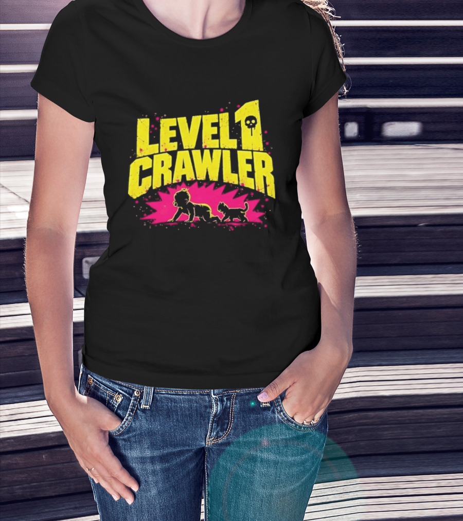 Level 1 Crawler Baby And Kitten Gamer Gaming Fun Adventure T-Shirt