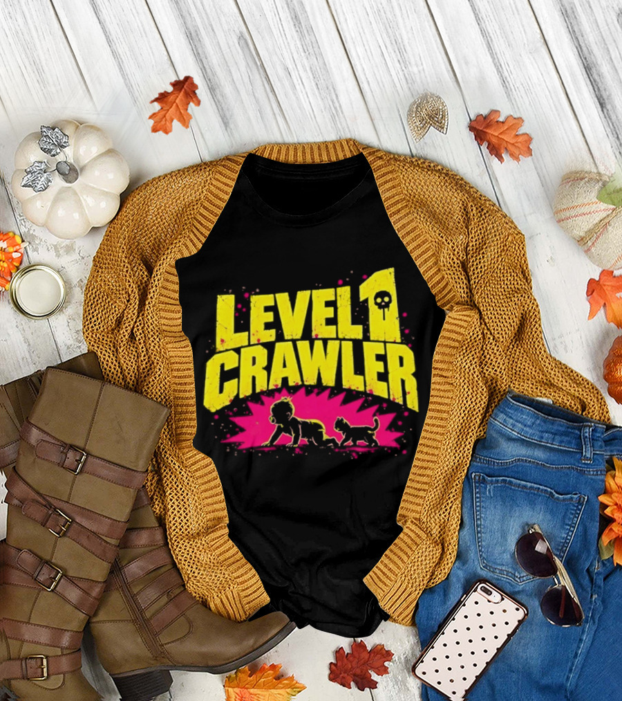 Level 1 Crawler Baby And Kitten Gamer Gaming Fun Adventure T-Shirt