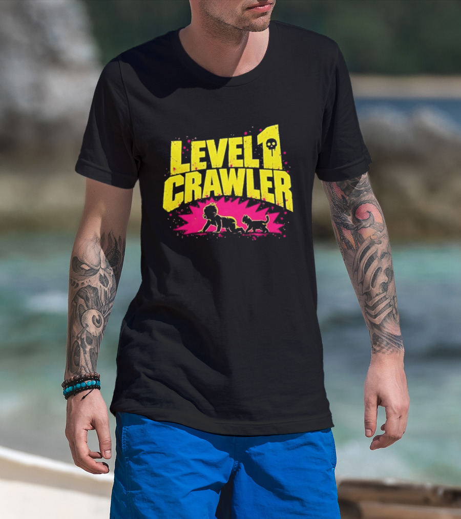 Level 1 Crawler Baby And Kitten Gamer Gaming Fun Adventure T-Shirt