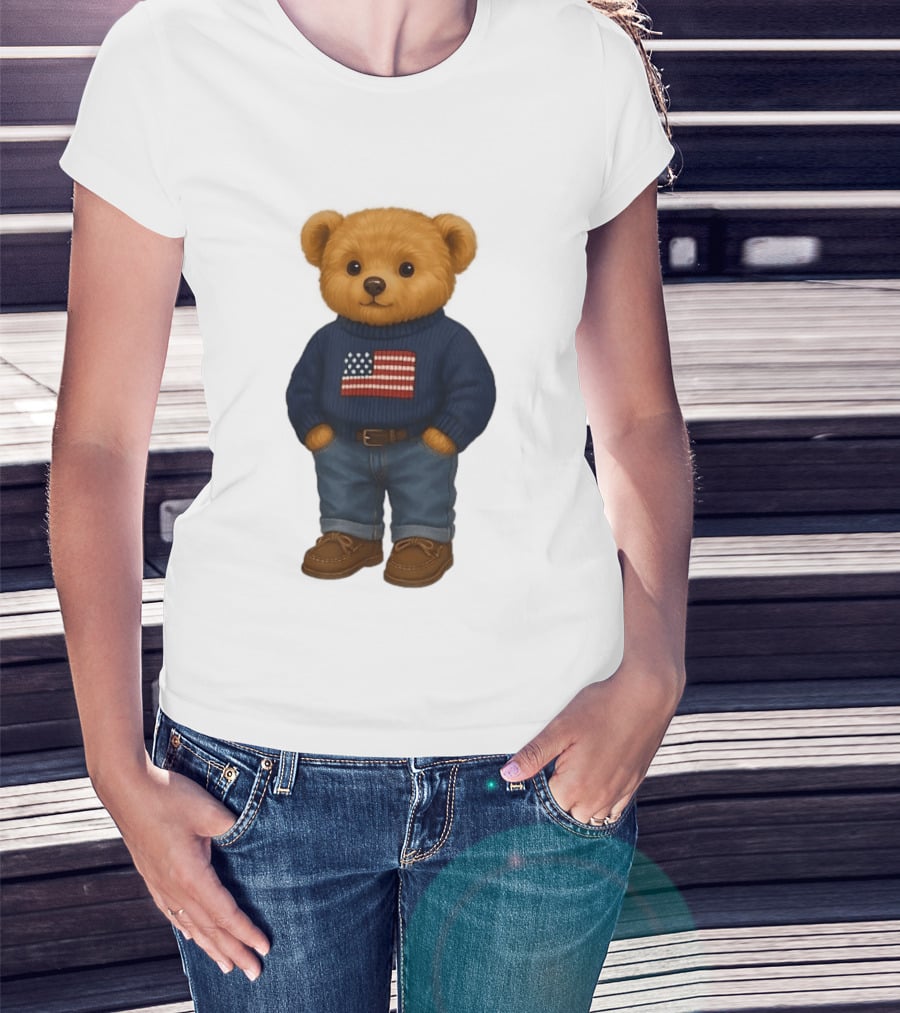 Polo Bear Sweater With American Flag Knit Fashion T-Shirt
