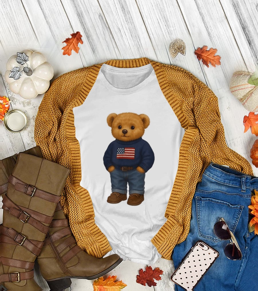 Polo Bear Sweater With American Flag Knit Fashion T-Shirt