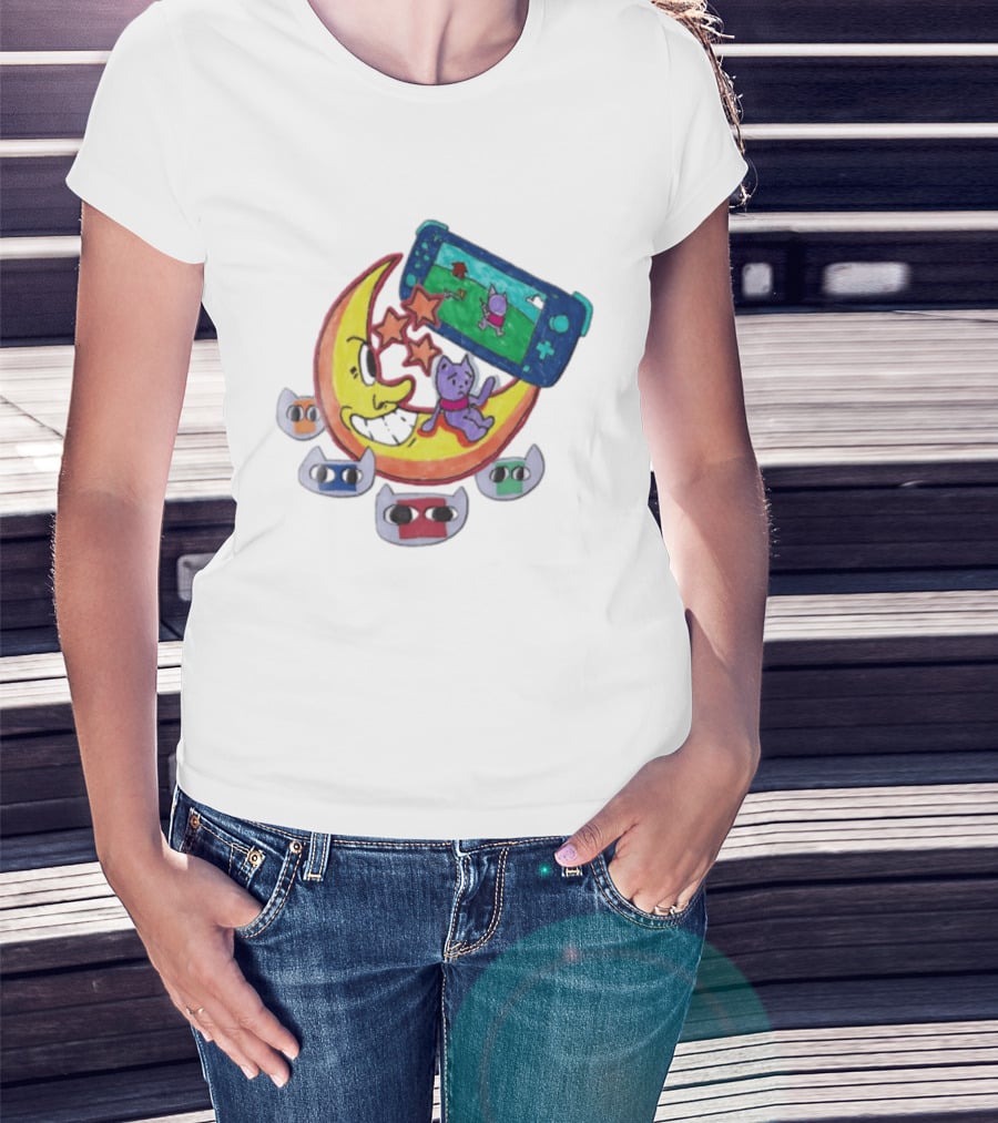 Purple Bear Gaming On Moon With Sunflowers And Dogs Whimsical Two Sided T-Shirt