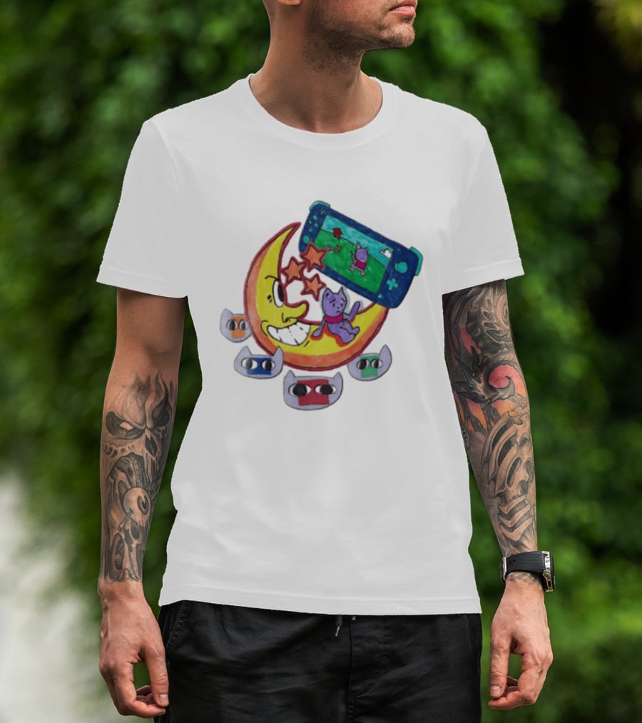 Purple Bear Gaming On Moon With Sunflowers And Dogs Whimsical Two Sided T-Shirt