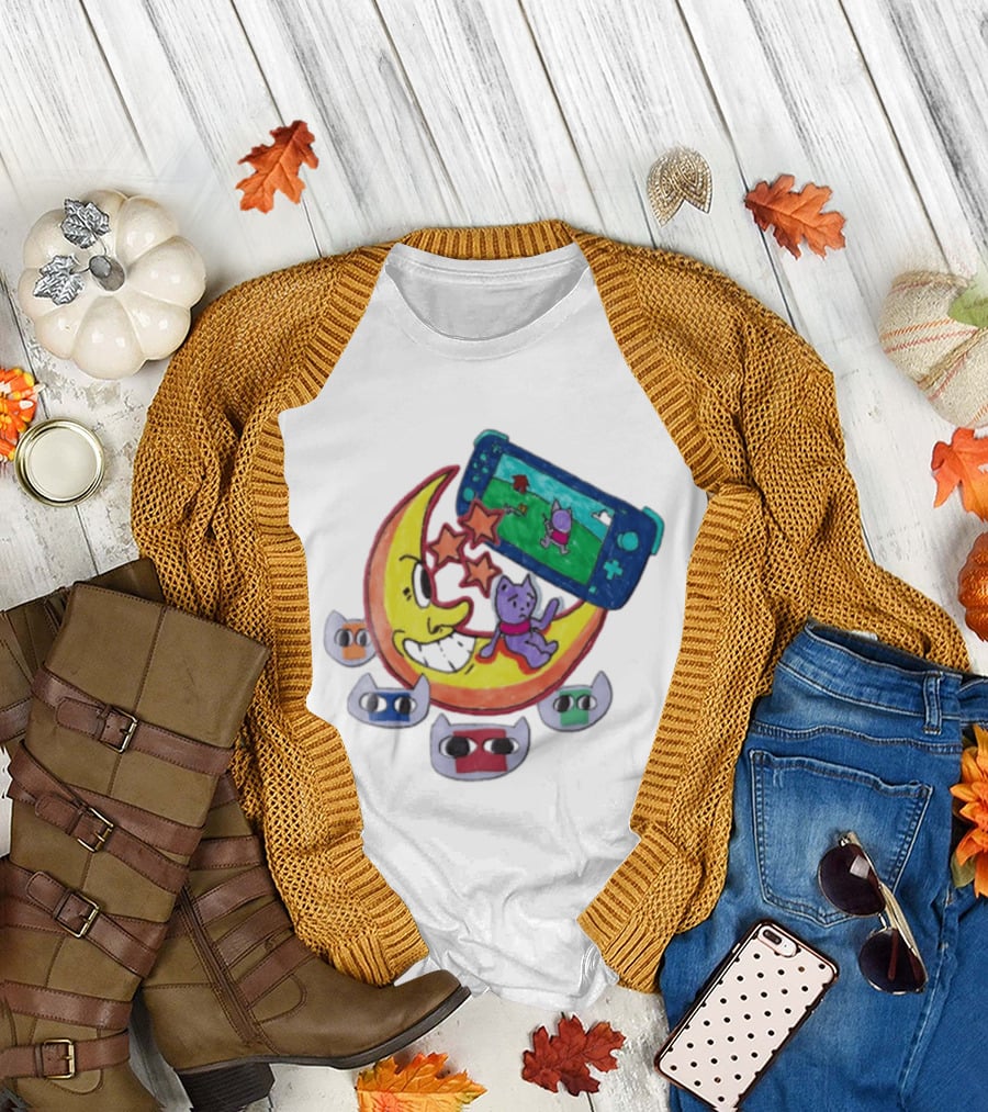 Purple Bear Gaming On Moon With Sunflowers And Dogs Whimsical Two Sided T-Shirt
