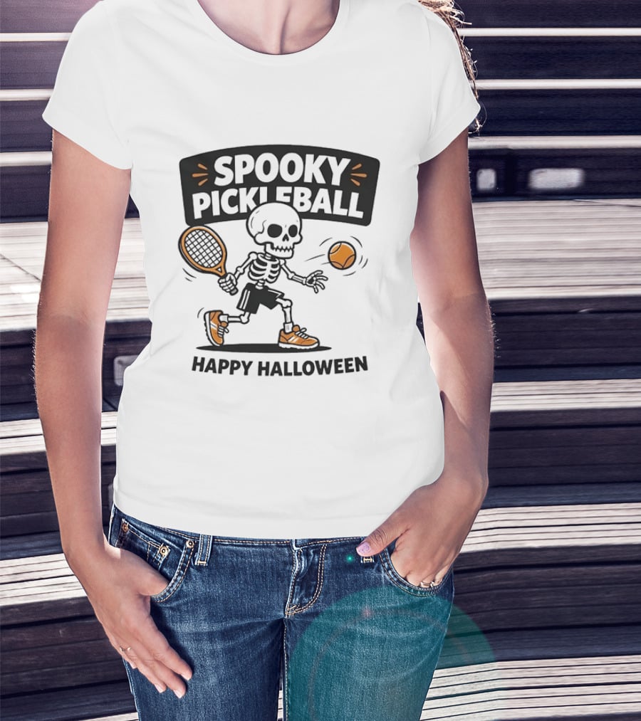 Spooky Pickleball Skeleton Halloween T-Shirt