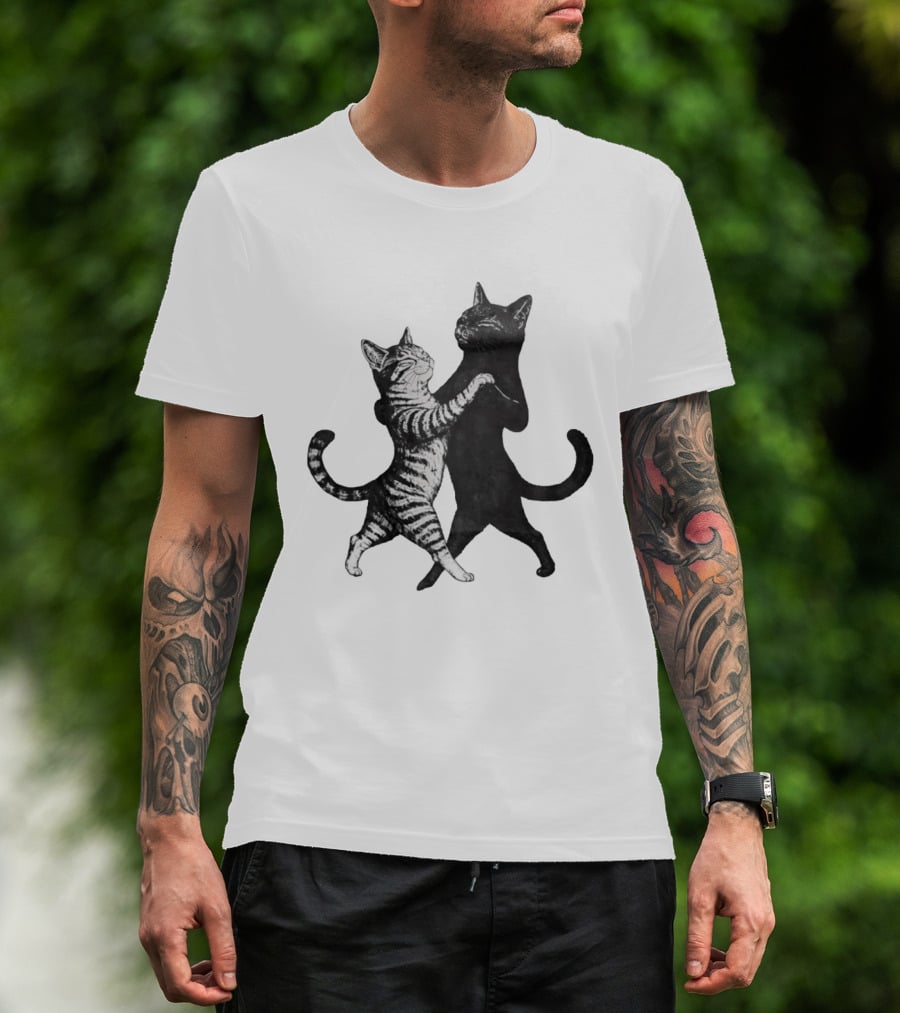 Two Cats Dancing Together Feline Black And White Playful Duo T-Shirt
