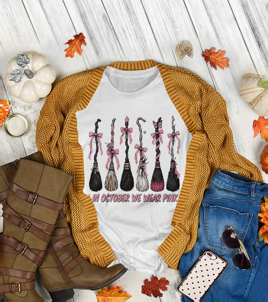 In October We Wear Pink Witch Brooms Breast Cancer Awareness T-Shirt