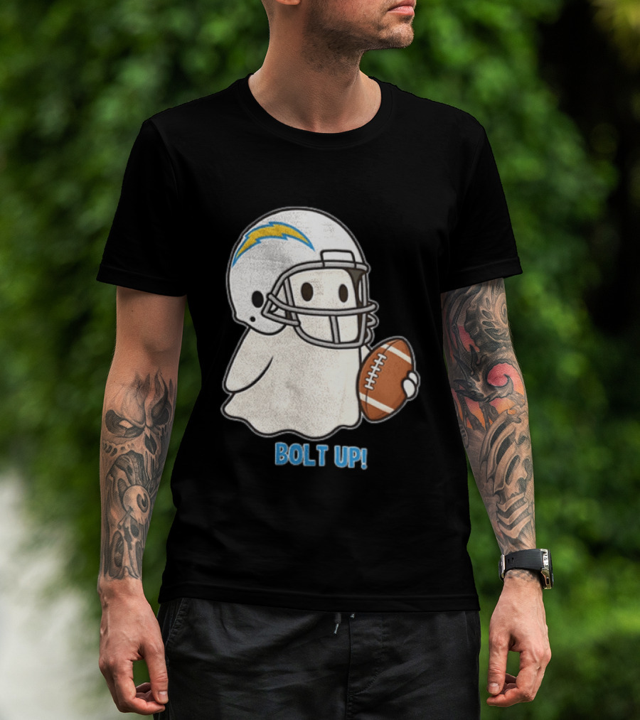 Los Angeles Chargers Bolt Up Ghost Football Helmet Holding Ball T-Shirt
