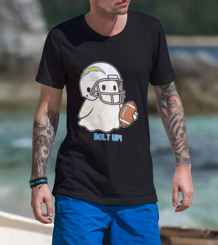 Los Angeles Chargers Bolt Up Ghost Football Helmet Holding Ball T-Shirt