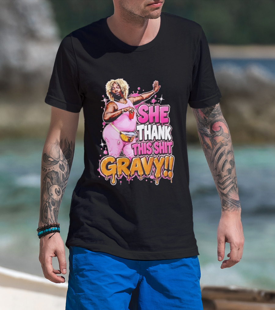 Yung Gravy She Thank This Shit Gravy Rapper Pink Outfit Drink Pose T-Shirt