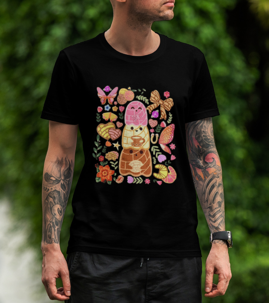 Stacked Concha Bread Characters With Colorful Flowers And Butterflies T-Shirt