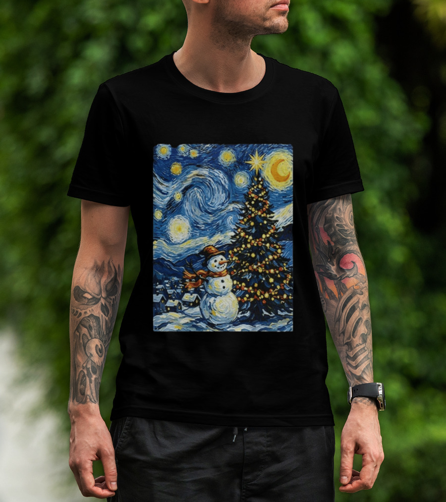 Starry Snowman Christmas Night With Tree And Sky T-Shirt