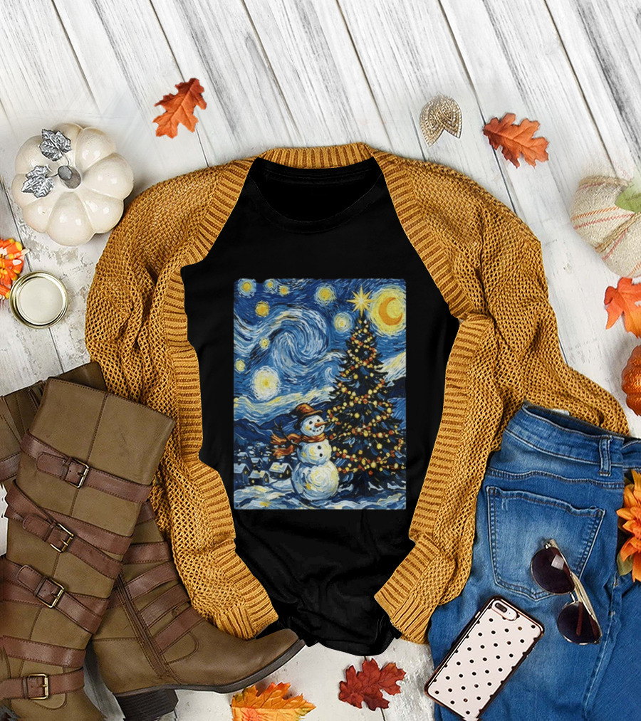 Starry Snowman Christmas Night With Tree And Sky T-Shirt