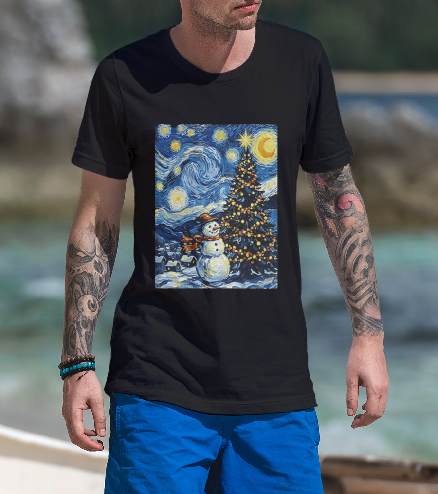 Starry Snowman Christmas Night With Tree And Sky T-Shirt