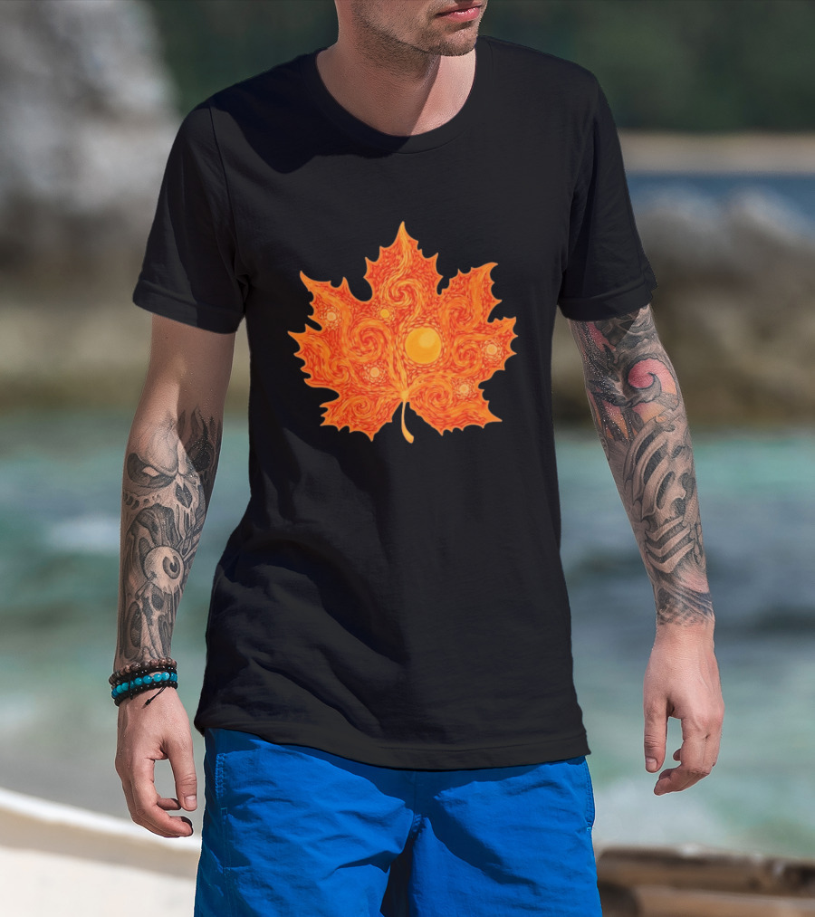 Starry Night Orange Maple Leaf Autumn Swirl T-Shirt