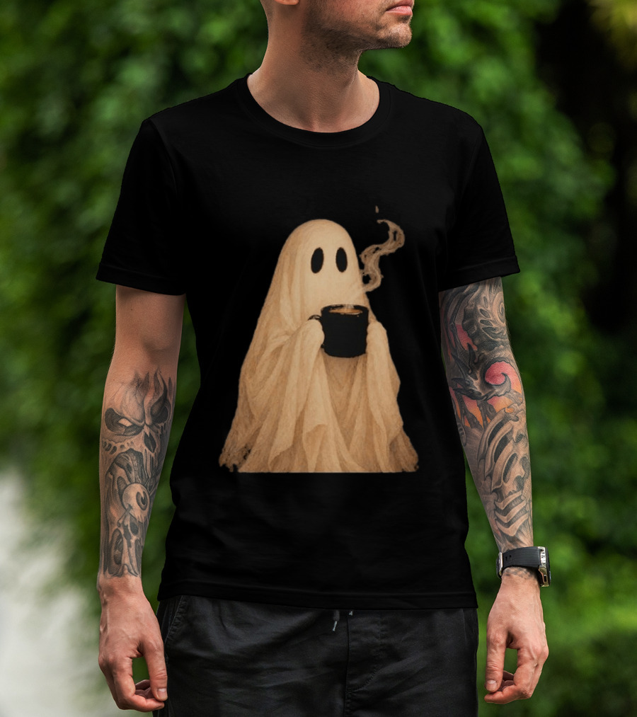 Ghost Spooky Coffee Bar Halloween Cozy Ghost Holding Coffee Steam T-Shirt