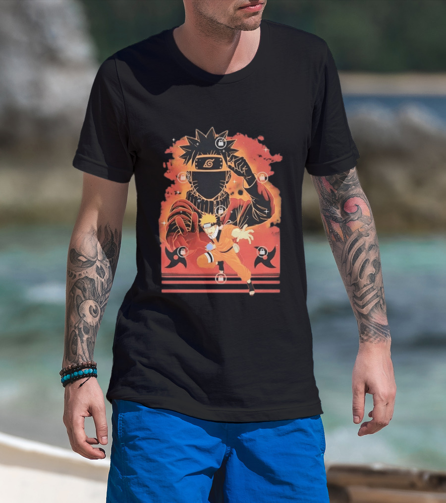 Naruto Uzumaki Ninja Action Anime Manga Shadow Clone Jutsu Shuriken Flames T-Shirt