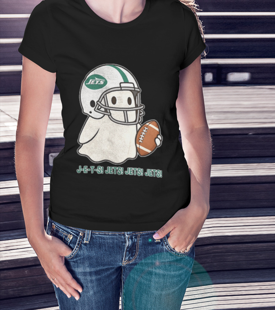 J E S Jets Jets Jets New York Jets Football Helmet Ghost Holding Football T-Shirt