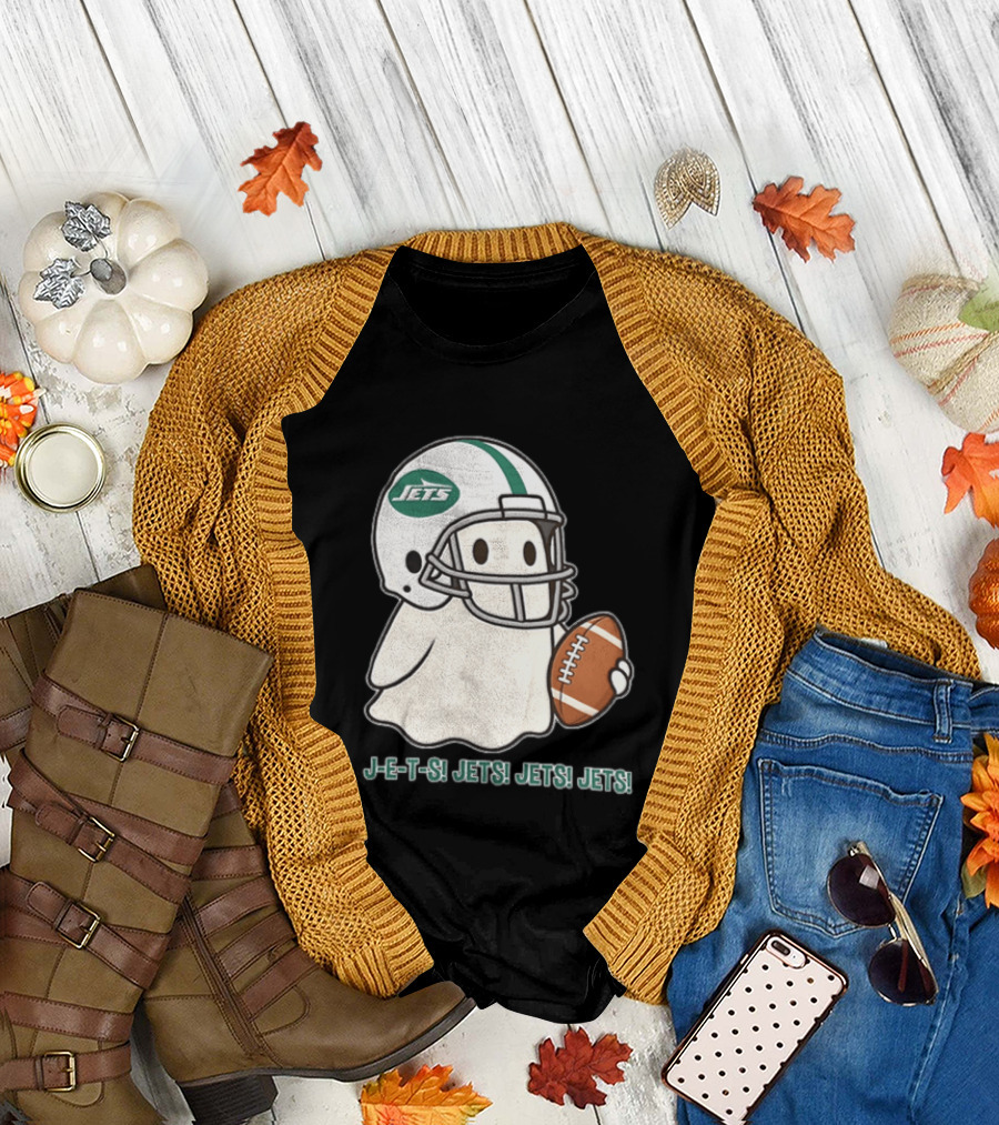 J E S Jets Jets Jets New York Jets Football Helmet Ghost Holding Football T-Shirt