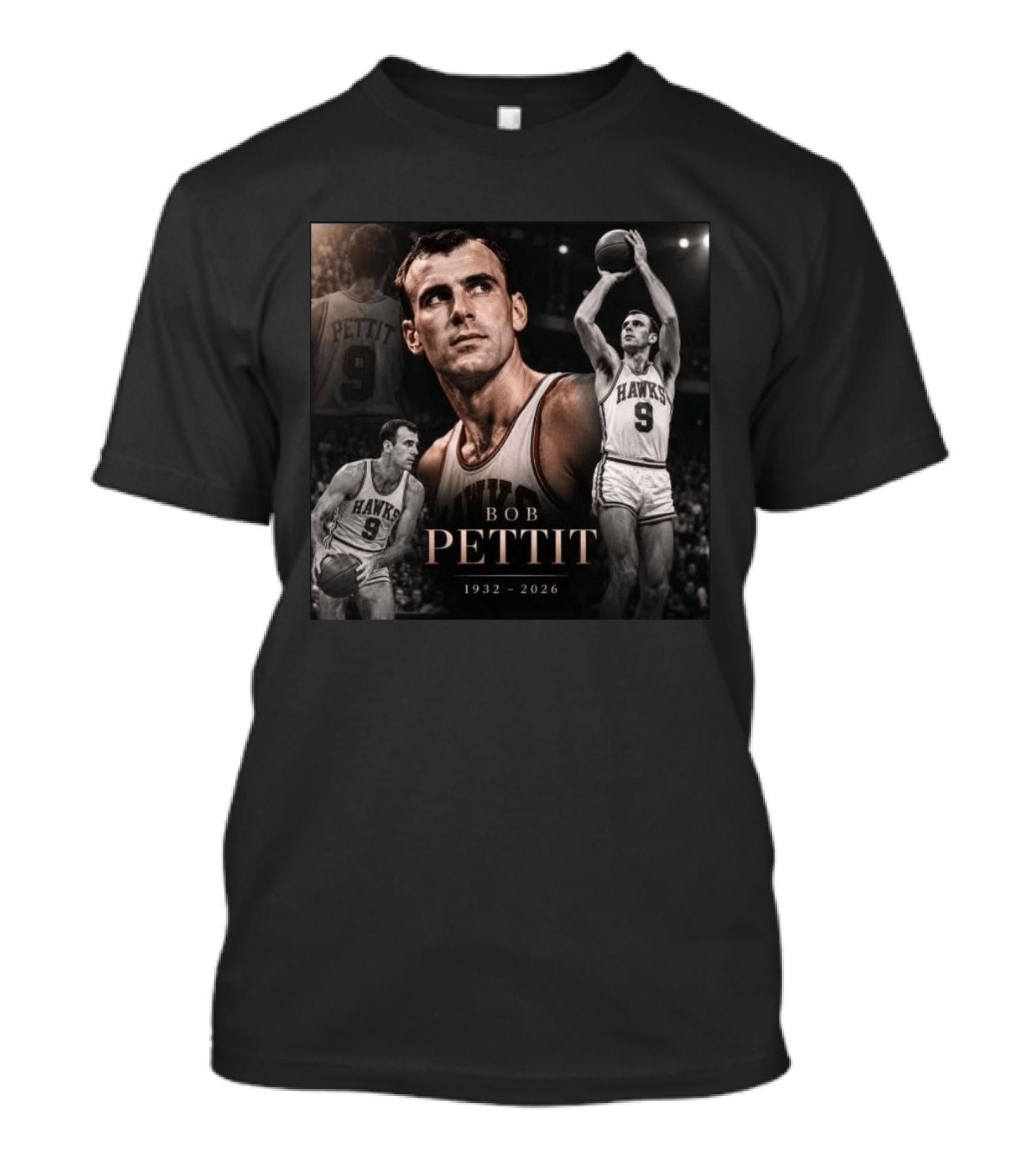 Bob Pettit 1932 2026 Basketball Legend Tribute Hawks Number 9 T-Shirt