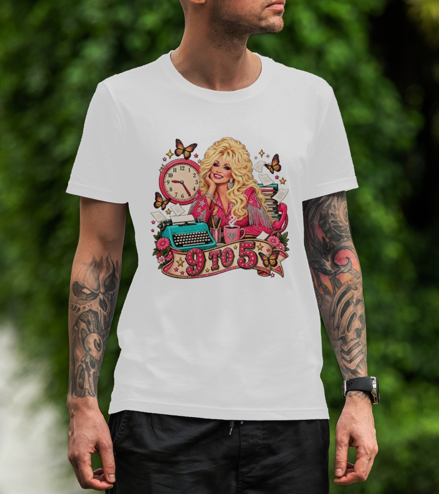 9 To 5 Dolly Parton Music Western Cowgirl Icon With Butterflies And Typewriter T-Shirt