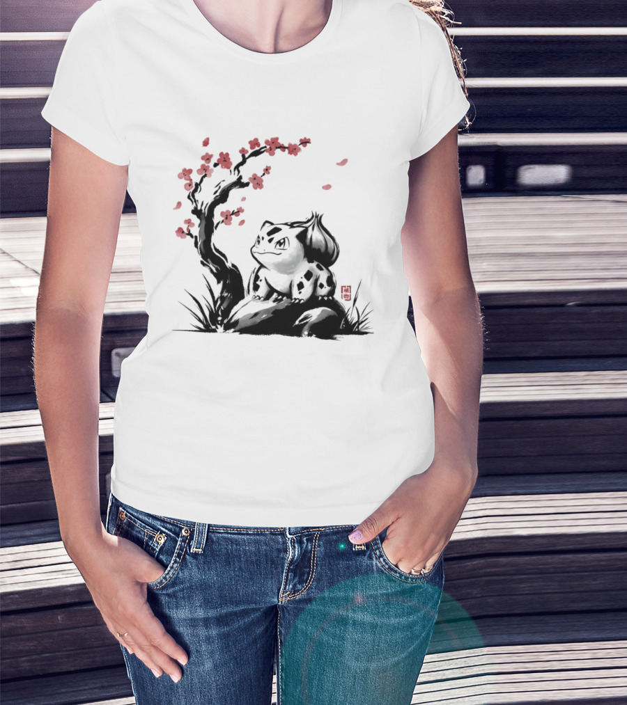 Bulbasaur Sumi E Ink Wash Painting With Cherry Blossom Pokemon T-Shirt