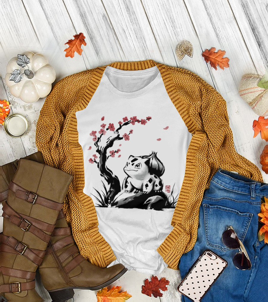 Bulbasaur Sumi E Ink Wash Painting With Cherry Blossom Pokemon T-Shirt