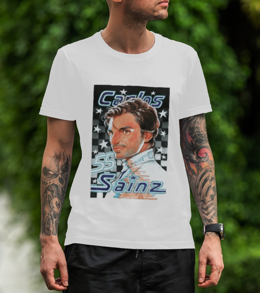 Carlos Sainz No 55 Formula 1 Racing Star Checkerboard T-Shirt