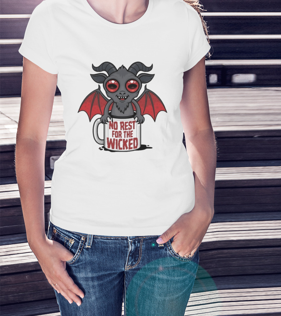 No Rest For The Wicked Little Demon Coffee Red Eyed Bat Wings T-Shirt