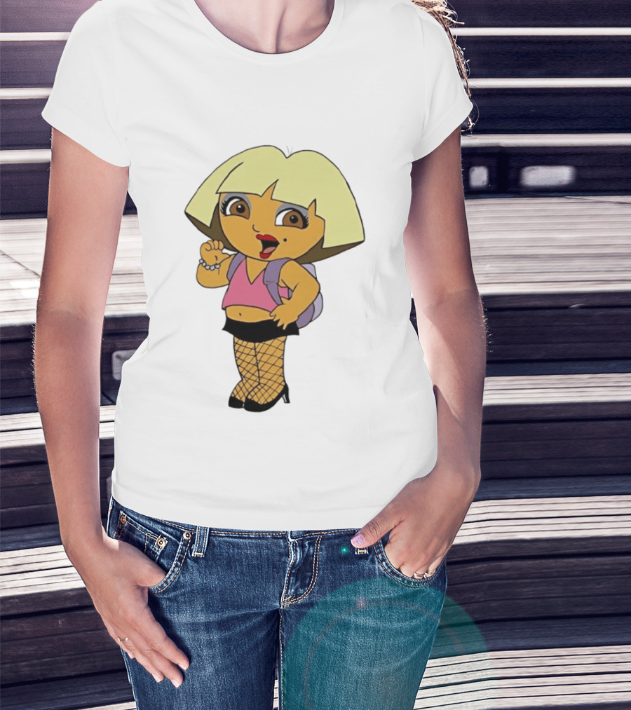 Explorer Parody Cartoon Mashup Pop Culture Icon With Backpack And Fishnets T-Shirt