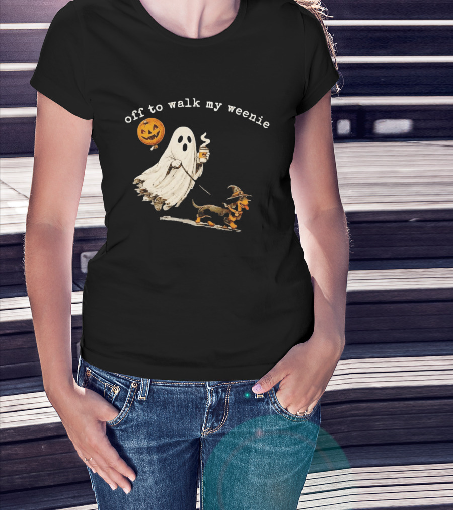 Ghost Walking With Pumpkin Balloon And Dachshund Halloween Fun T-Shirt